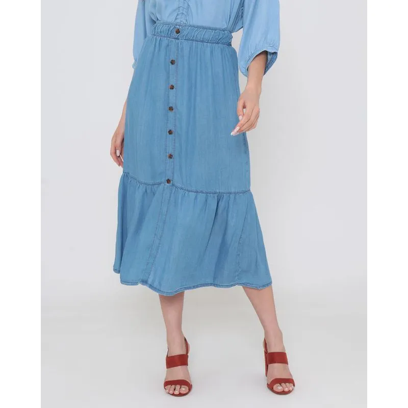 Saia Jeans Midi Cintura Alta Babado Denim Azul 44