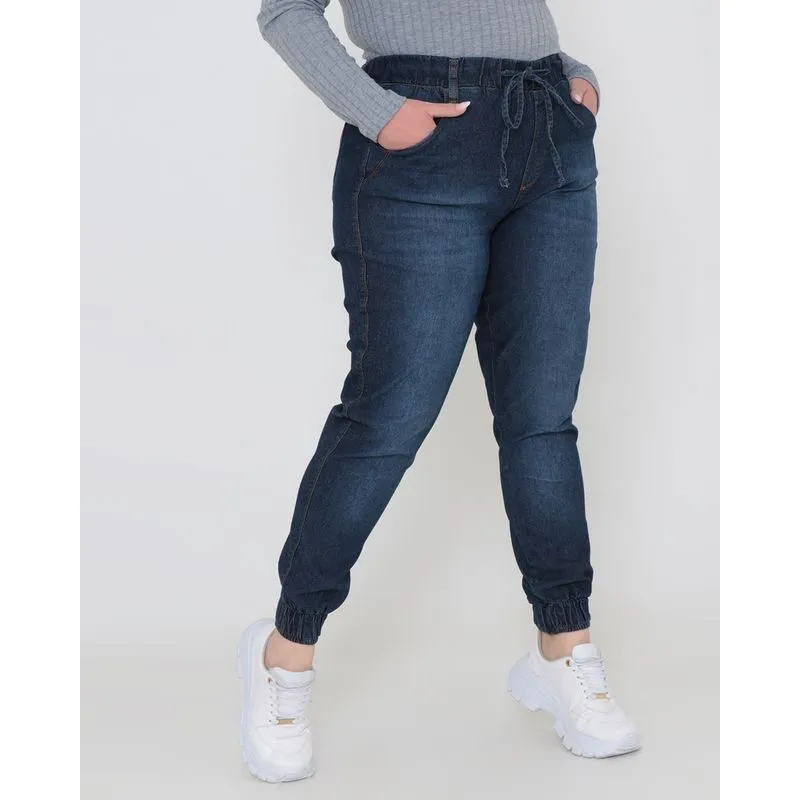 Calça Jeans Plus Size Jogger Cordão Denim Azul Escuro 50