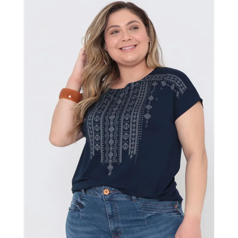 Blusa Plus Size Estampa Floral Azul Marinho G1