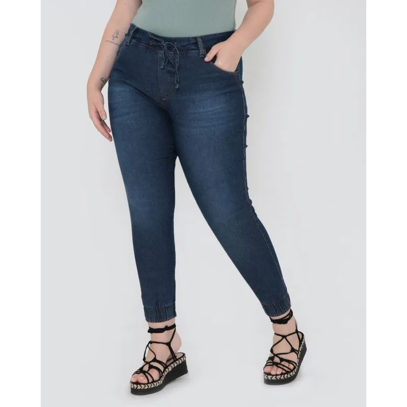Calça Jeans Plus Size Jogger Cordão Denim Azul 52