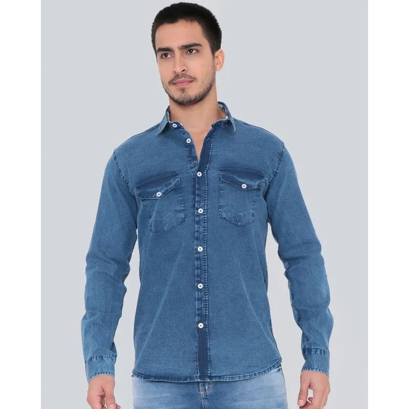 Camisa Jeans Masculina Manga Longa Slim Azul M