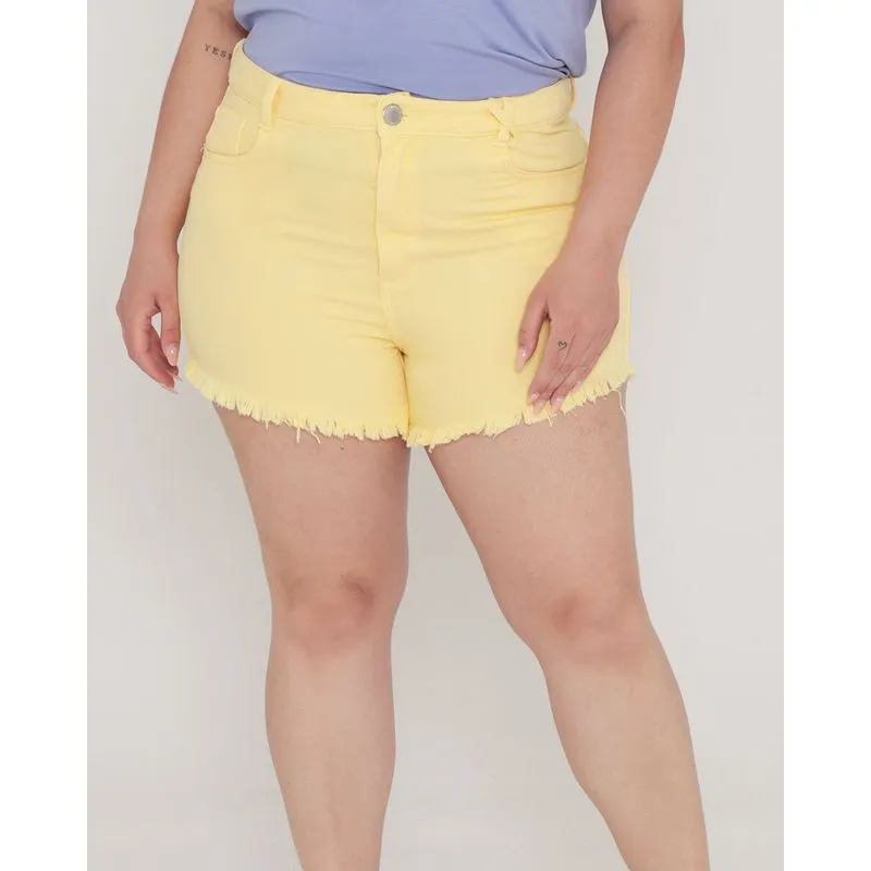 Short Sarja Plus Size Barra Desfiada Amarelo 48