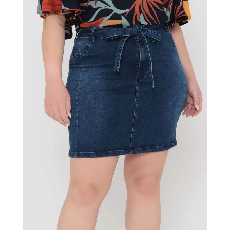 Saia Jeans Plus Size Com Amarração Azul 54
