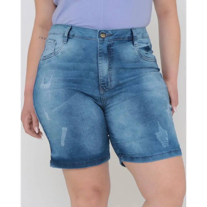 Bermuda Jeans Feminina Plus Size Com Puídos Azul 46