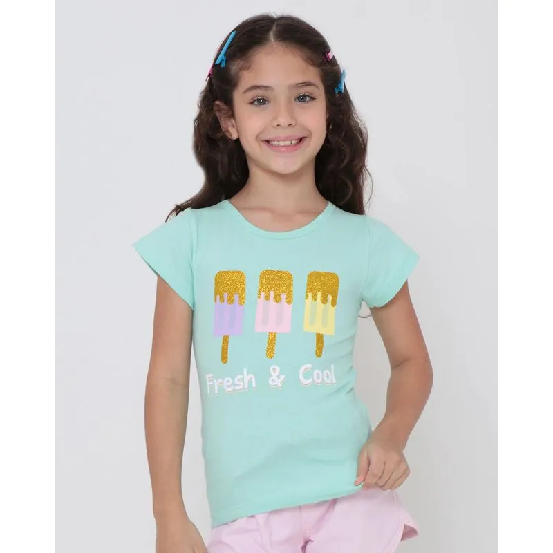 Blusa Infantil Manga Curta Estampa Sorvete Glitter Verde 4