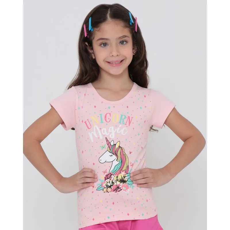 Blusa Infantil Manga Curta Estampa Unicórnio Rosa Claro 8