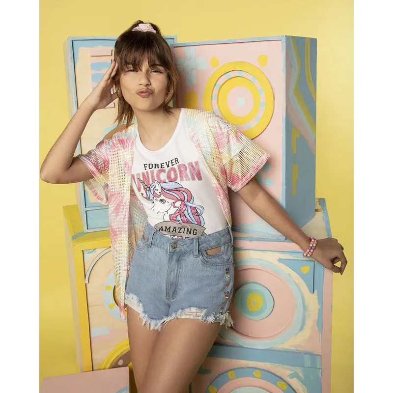 Kimono Juvenil Tela Tie Dye Multicor Rosa 14