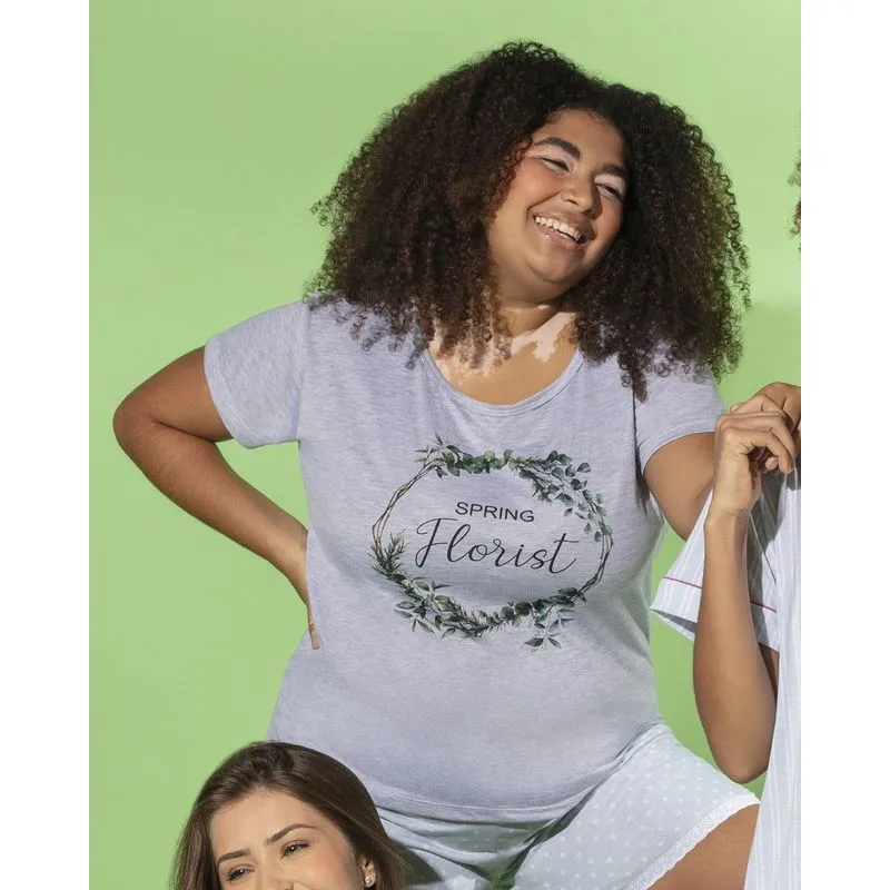 Pijama Feminino Plus Size Estampa Poá Curto Mescla Cinza G1