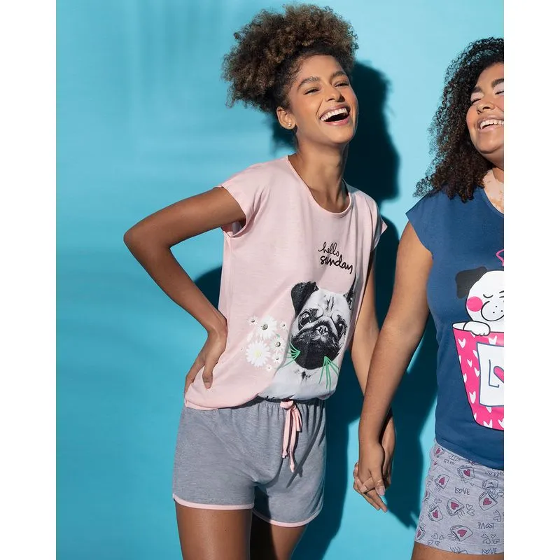 Pijama Feminino Curto Estampado Pug Rosa Claro P