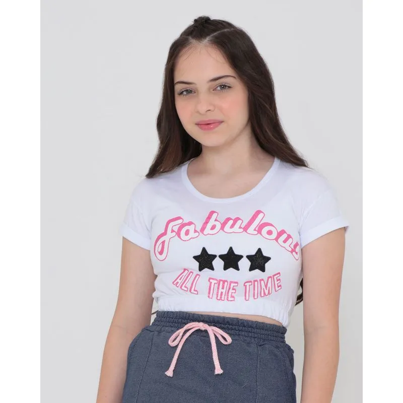 Blusa Juvenil Cropped Estampa Bordado Branca 14