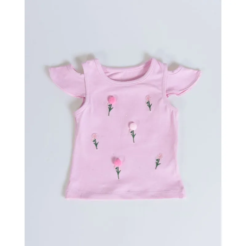 Blusa Bebê Open Shoulder Pompons Rosa P
