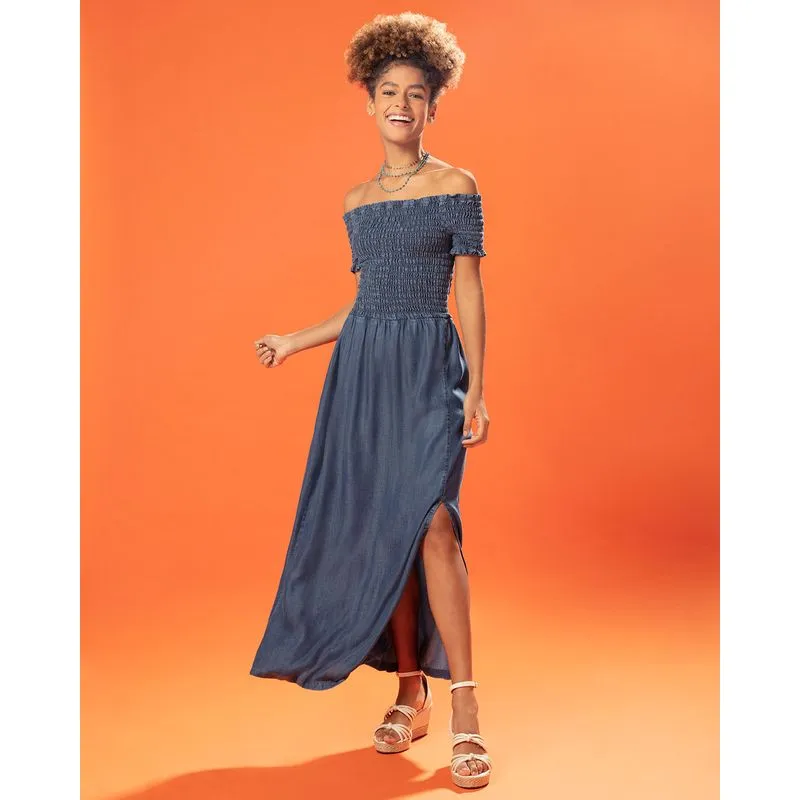 Vestido Jeans Longo Ciganinha Lastex Azul G