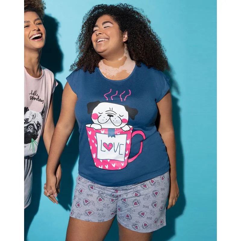 Pijama Feminino Plus Size Estampa Love Azul G3