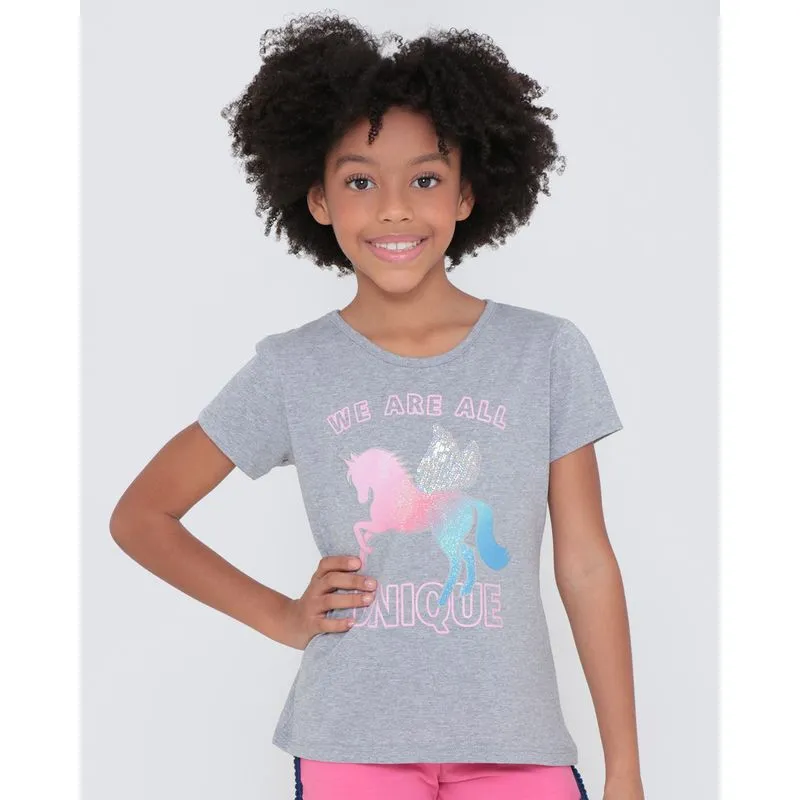 Blusa Infantil Estampa Unicórnio Manga Curta Cinza 10