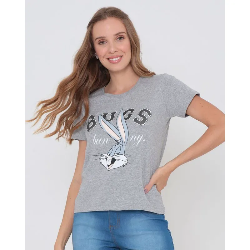 Blusa Feminina Estampa Pernalonga Looney Tunes Manga Curta Cinza G