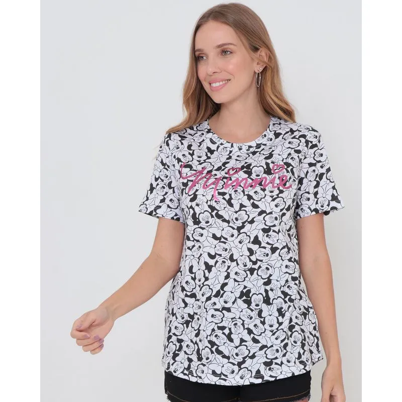 Camiseta Feminina Algodão Disney Minnie Manga Curta Branca GG