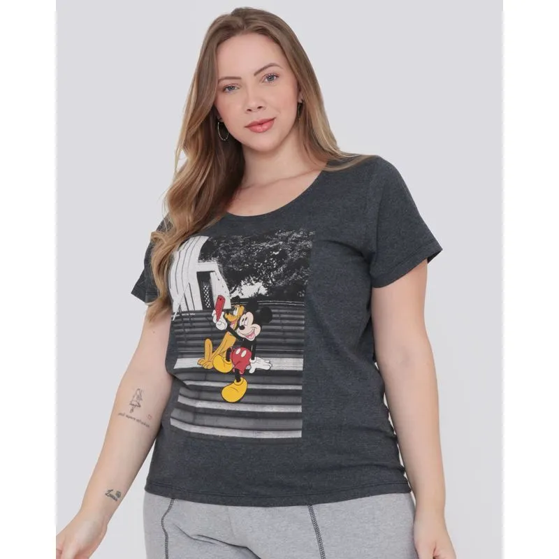 Blusa Plus Size Estampa Mickey e Pluto Disney Cinza G1