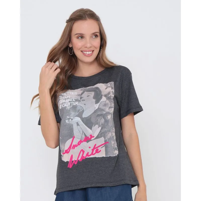 Camiseta Feminina Algodão Disney Branca de Neve Cinza GG