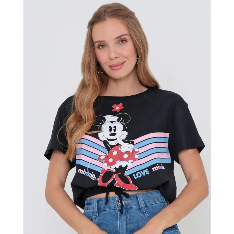Blusa Cropped Elástico Minnie Mouse Disney Preta GG