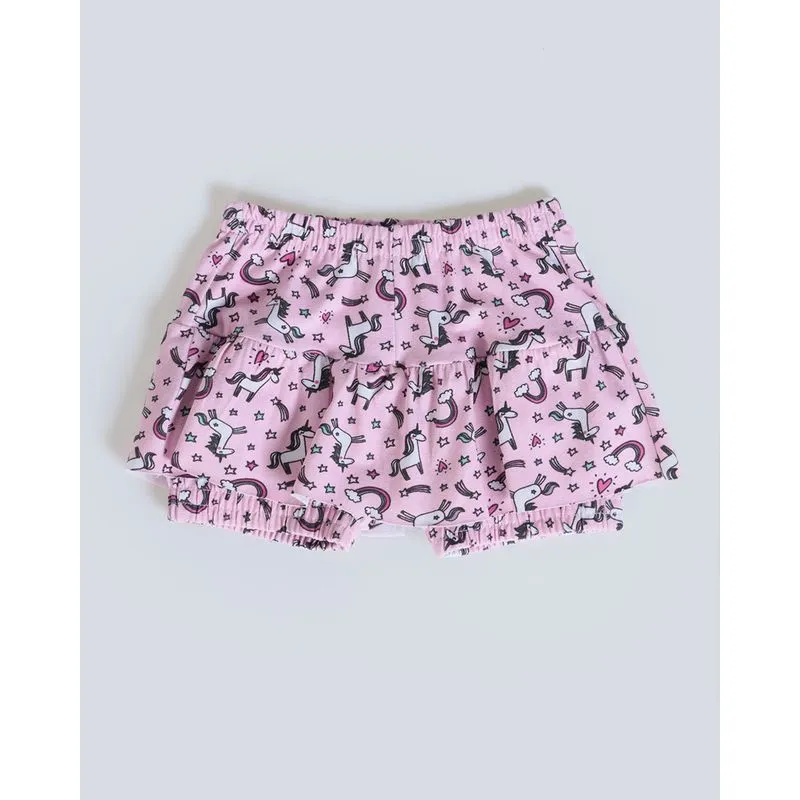 Short Saia Bebê Estampado Unicórnios Rosa Claro G