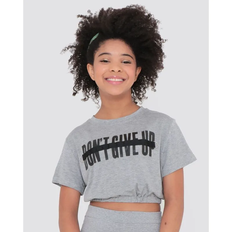 Blusa Juvenil Cropped Manga Curta Malha Mescla Cinza 12