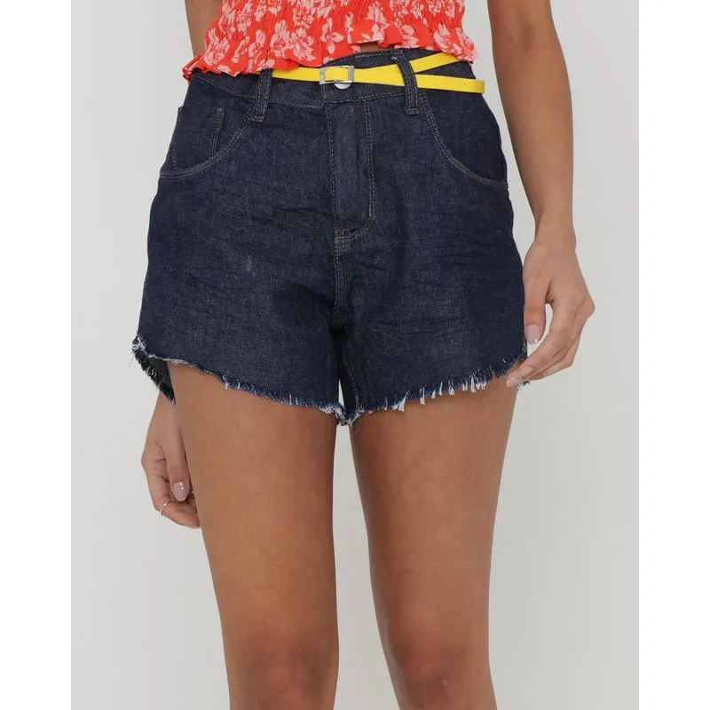 Short Jeans Feminino Barra Desfiada Com Cinto Azul Escuro 42