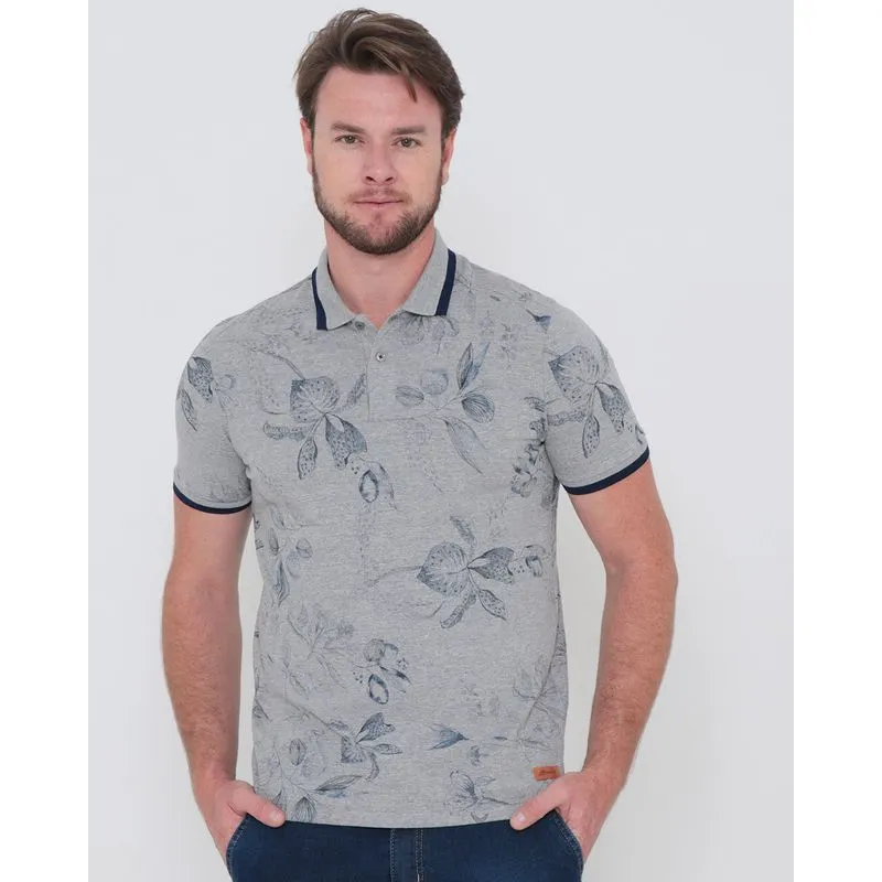Polo Masculina Sawary Estampa Floral Mescla Cinza Claro P