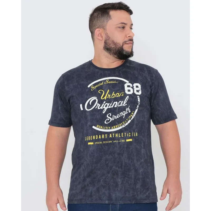 Camiseta Plus Size Marmorizada Manga Curta Azul Escuro G1