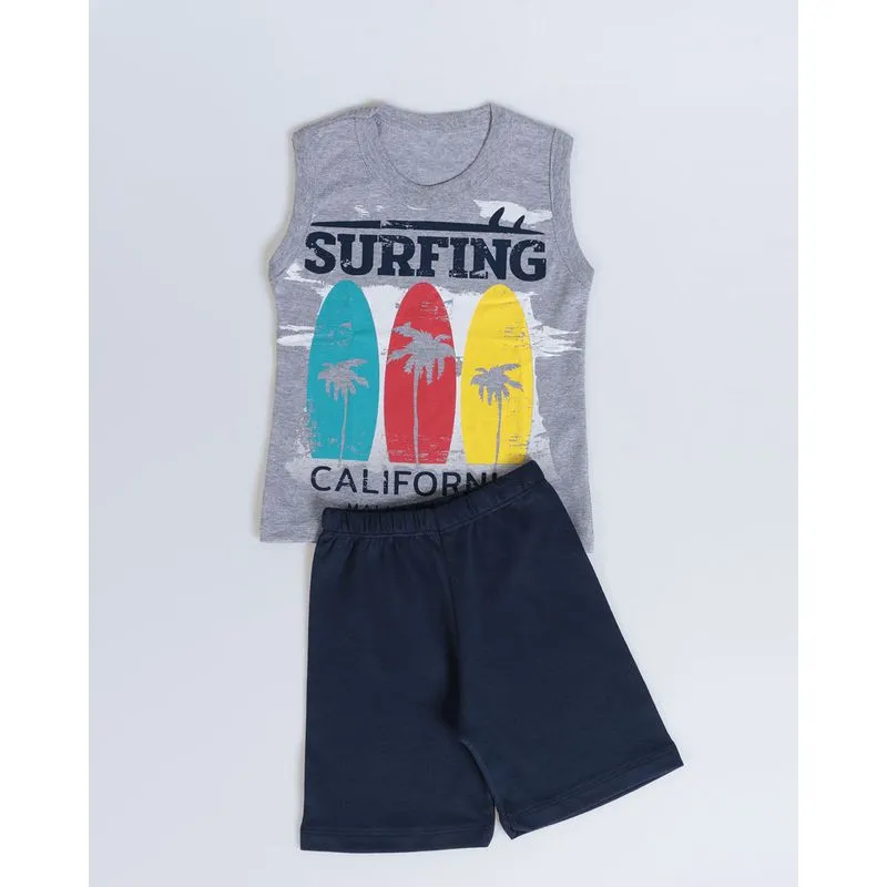Conjunto Bebê Regata e Bermuda Estampado Cinza 1