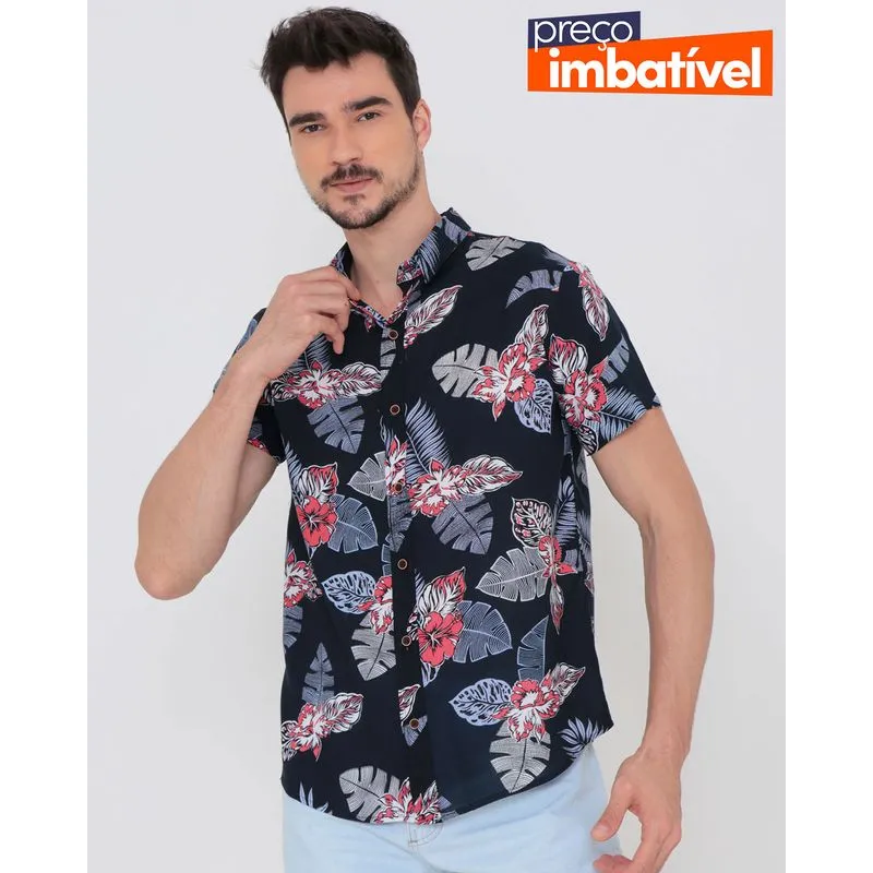 Camisa Masculina Estampa Floral Azul Marinho P