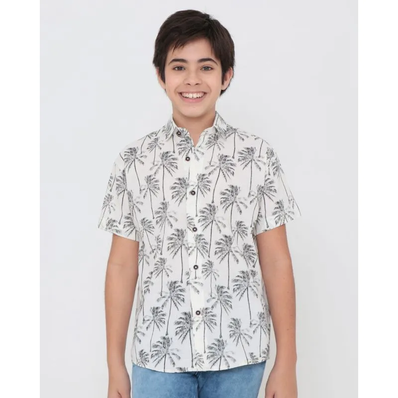 Camisa Juvenil Manga Curta Estampada Coqueiros Bege Claro 16