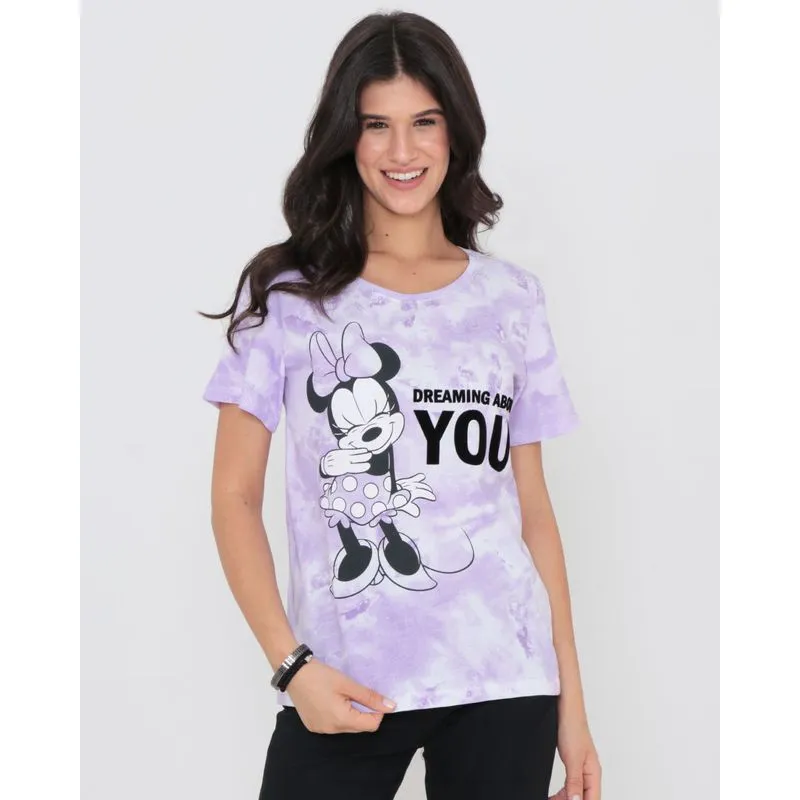 Camiseta Feminina Disney Minnie Tie Dye Manga Curta Lilás GG