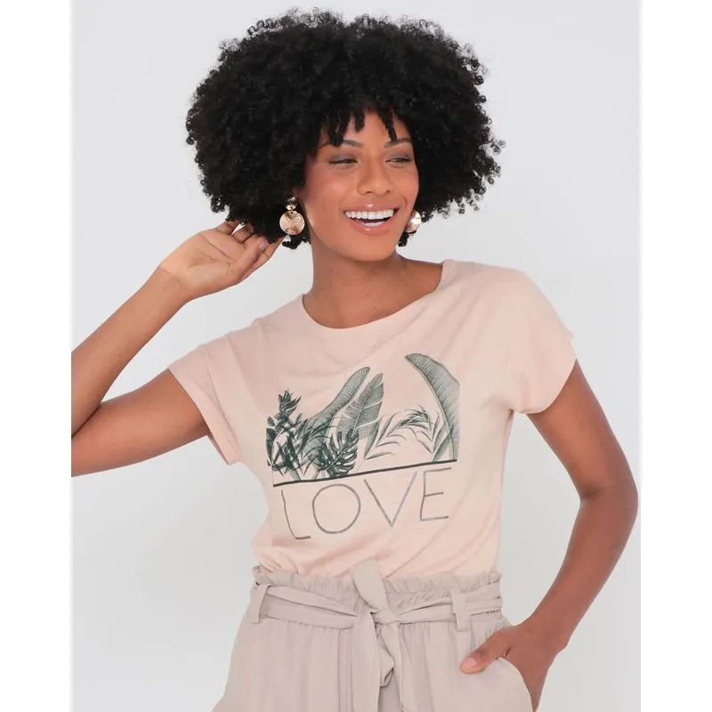 Blusa Feminina Estampa Frontal Folhas Bege G