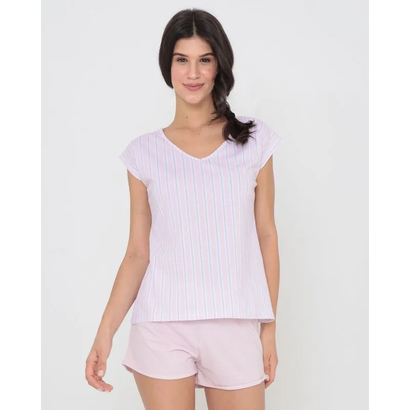 Pijama Feminino Curto Listrado Rosa M