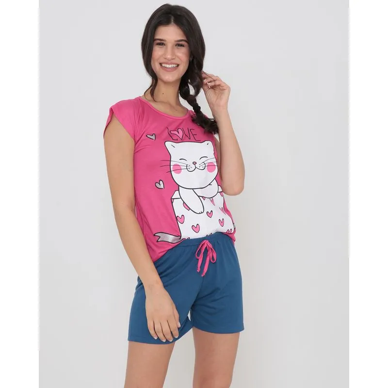 Pijama Feminino Curto Estampa Gato Rosa GG
