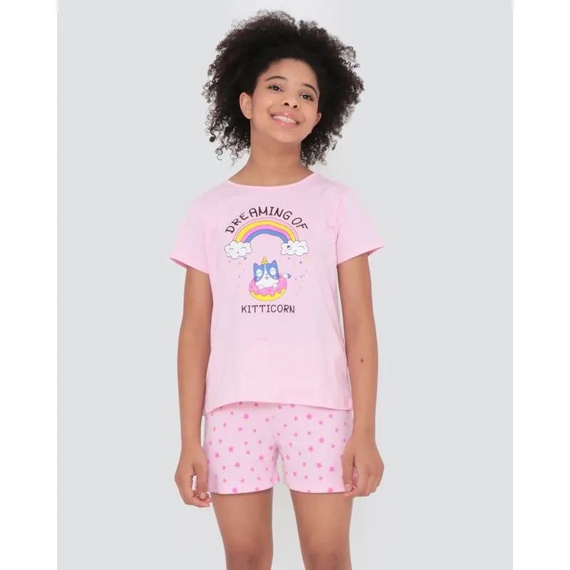 Pijama Juvenil Estampa Gatinho Rosa Claro 12