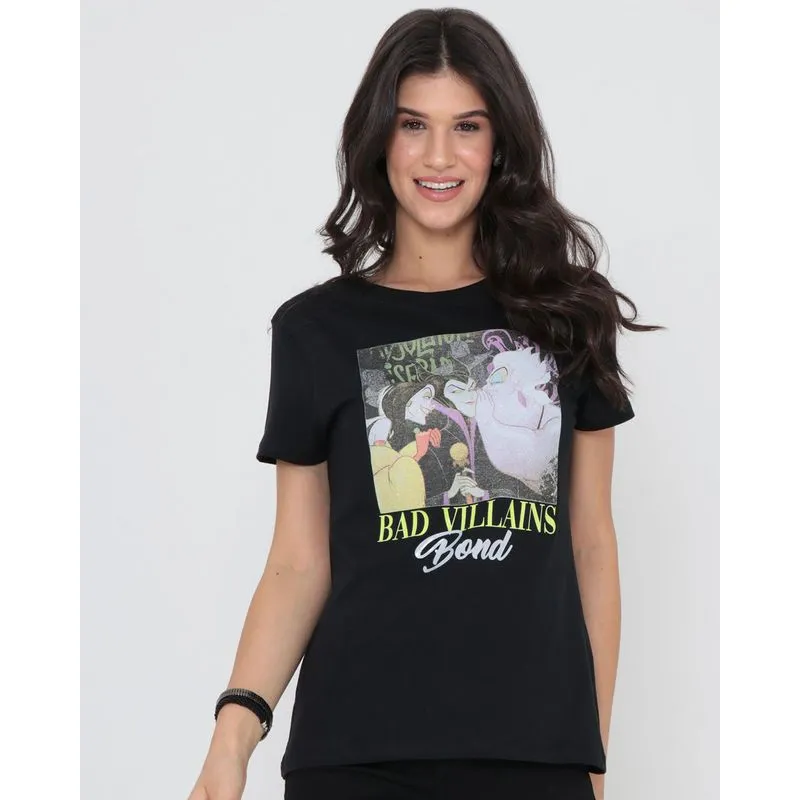 Camiseta Feminina Disney Vilãs Manga Curta Preta GG