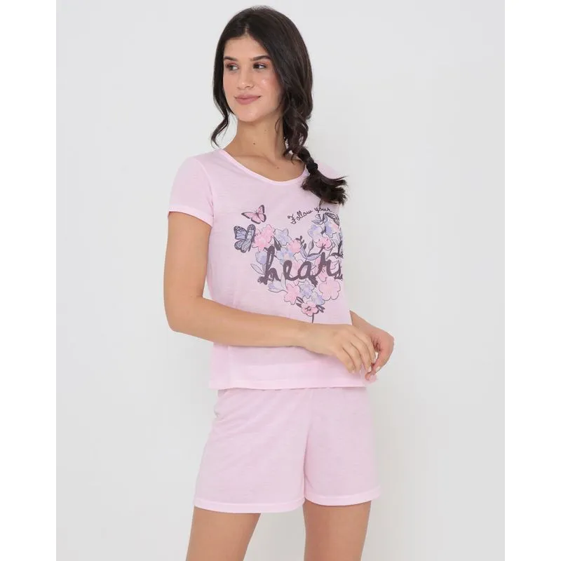 Pijama Feminino Curto Estampa Borboletas Rosa Claro P