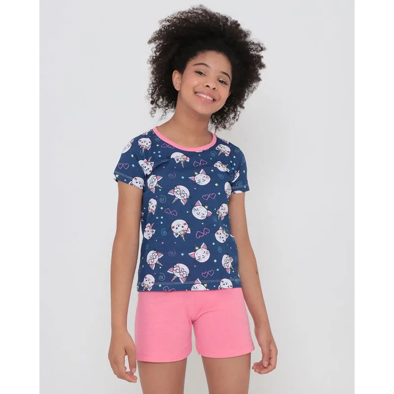 Pijama Juvenil Estampa Gato Azul Marinho 10