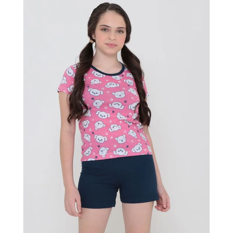 Pijama Juvenil Curto Estampa Cachorro Rosa 12
