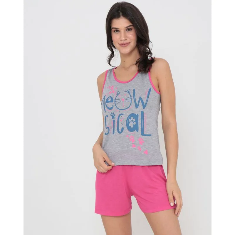 Pijama Feminino Curto Estampa Gato Cinza M