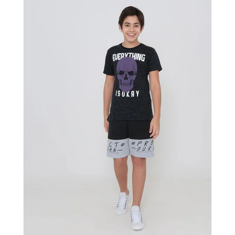 Camiseta Juvenil Manga Curta Estampa Caveira Preta 16
