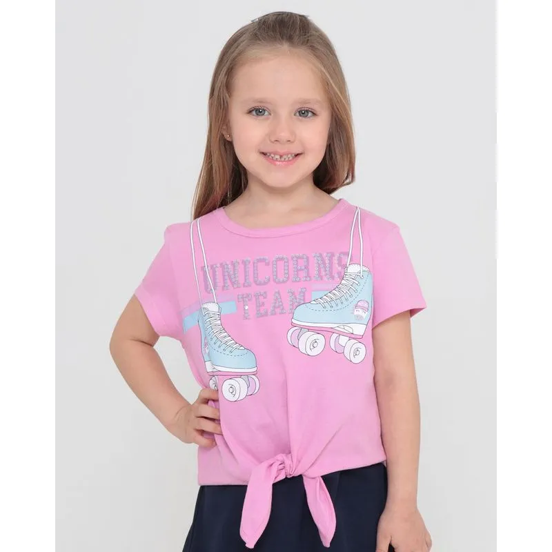 Blusa Infantil Manga Curta Unicórnio Paetês Amarração Rosa 10