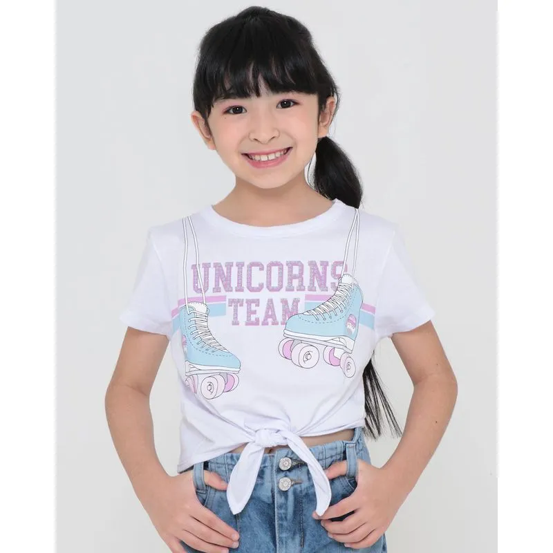 Blusa Infantil Manga Curta Unicórnio Paetês Amarração Branca 8
