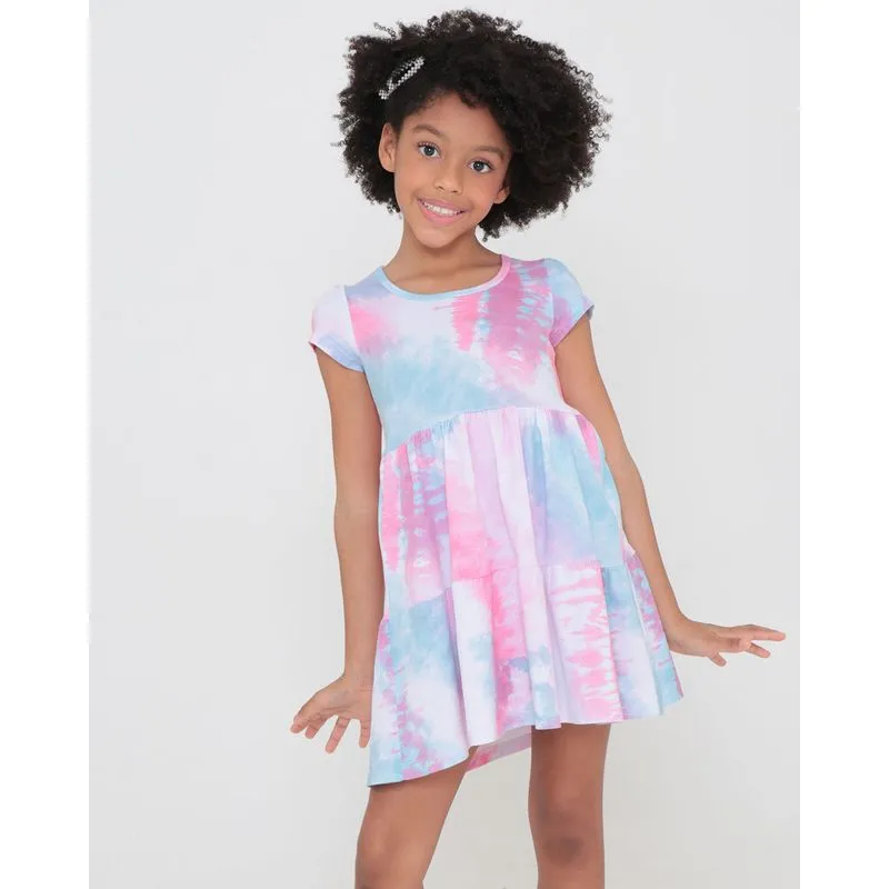 Vestido Infantil Babado Estampa Tie Dye Rosa 8