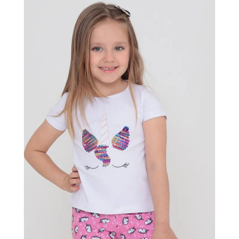 Blusa Infantil Estampa Unicórnio Paetês Branca 4