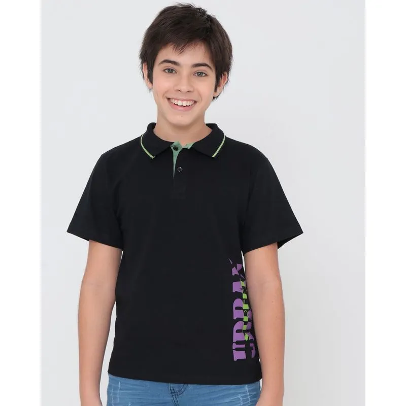 Polo Juvenil Manga Curta Estampa Lateral Preta 14