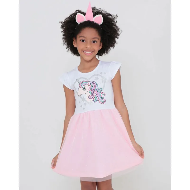 Vestido Infantil Unicórnio Com Brinde Tiara Branco 8