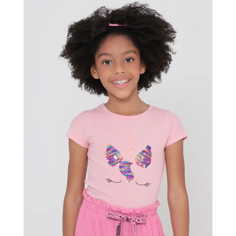 Blusa Infantil Manga Curta Unicórnio Paetês Rosa 8