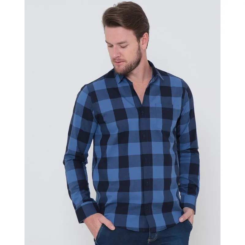 Camisa Masculina Xadrez Manga Longa Azul 2